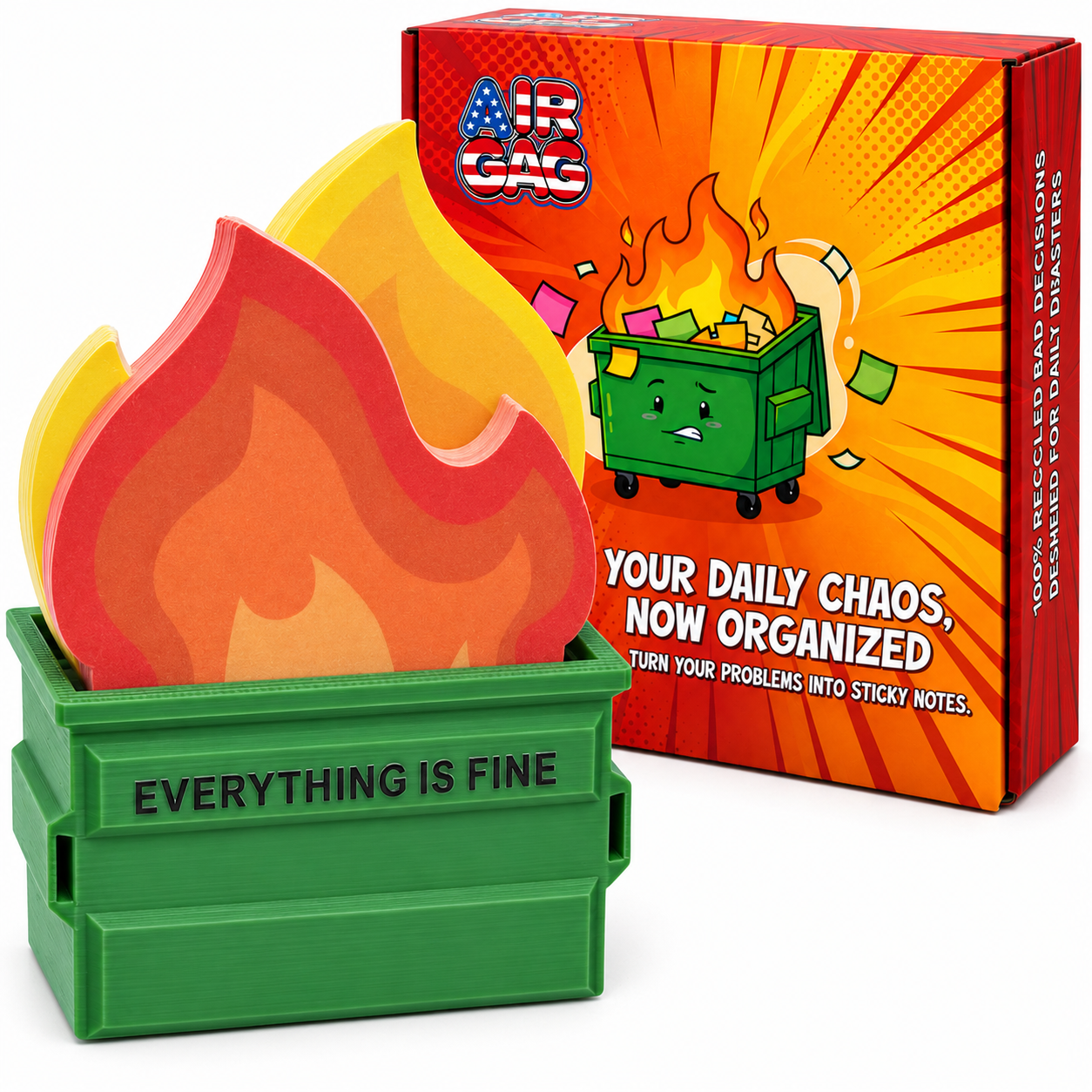 AIR GAG Dumpster Fire holder with flame-shaped sticky notes and retail packaging